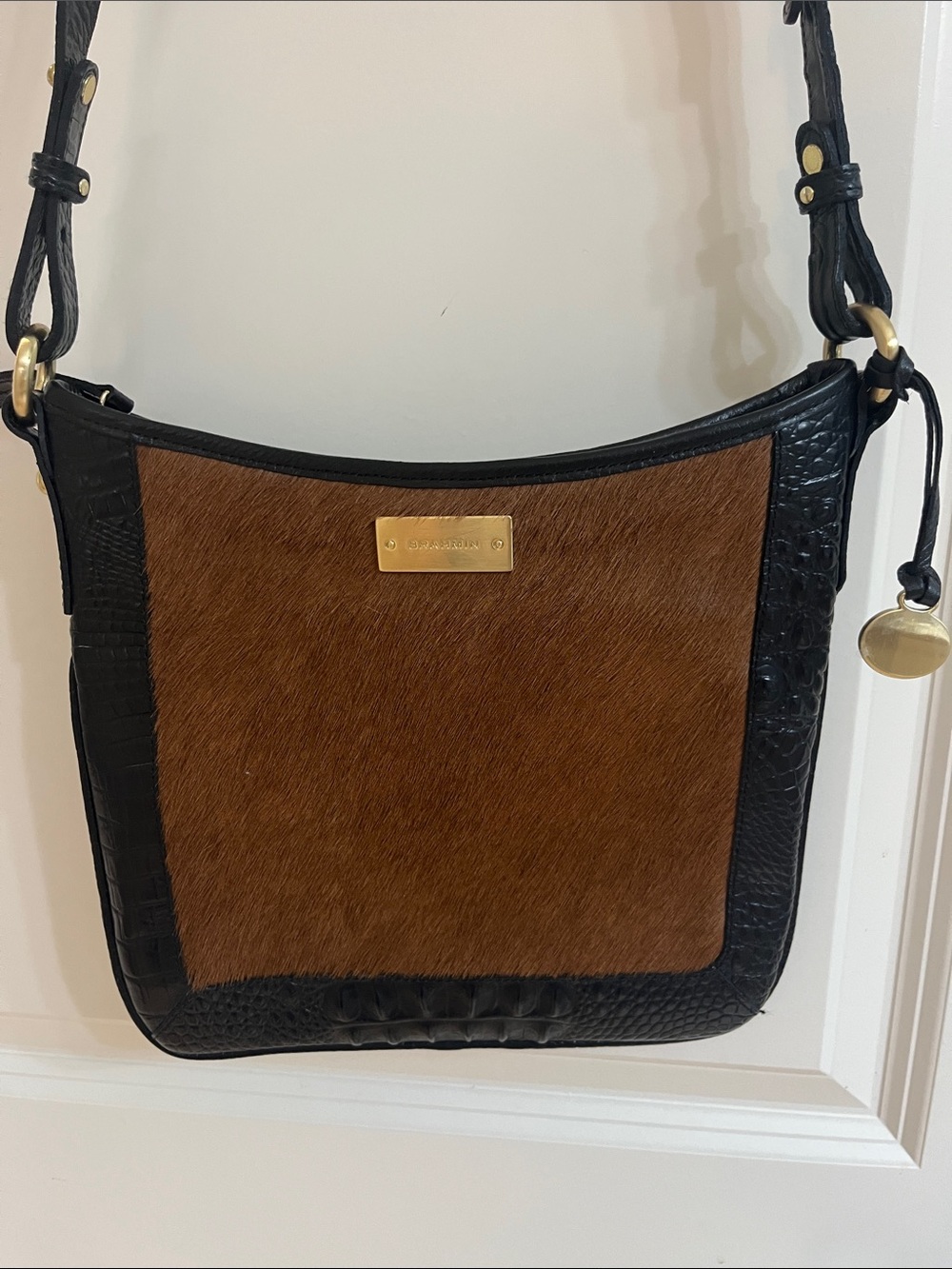Brahmin Black leather and brown calf hair crossbody bag